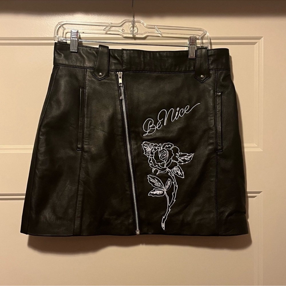 Biker Leather Skirt Embroidered Script and Flames